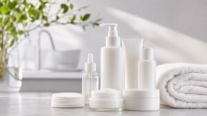 Unbranded fragrance-free skincare products arranged on a bright vanity with cotton pads and a folded towel.