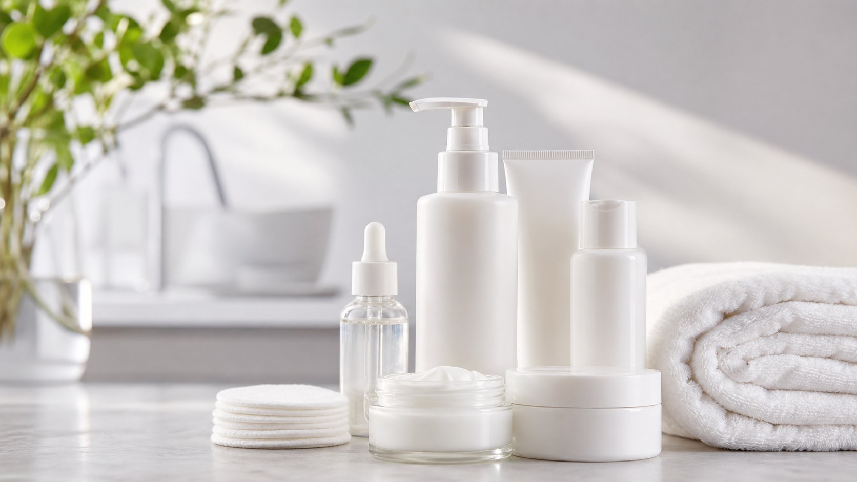 Unbranded fragrance-free skincare products arranged on a bright vanity with cotton pads and a folded towel.