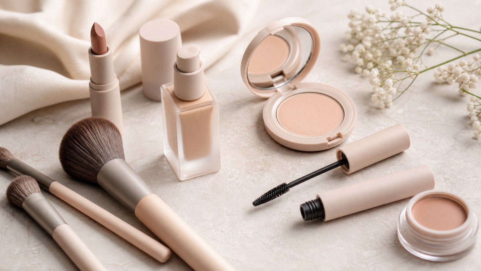 Unbranded hypoallergenic makeup products with brushes and neutral packaging on a professional vanity.