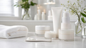 Unbranded gentle moisturizer jars and tubes on a calm skincare counter.
