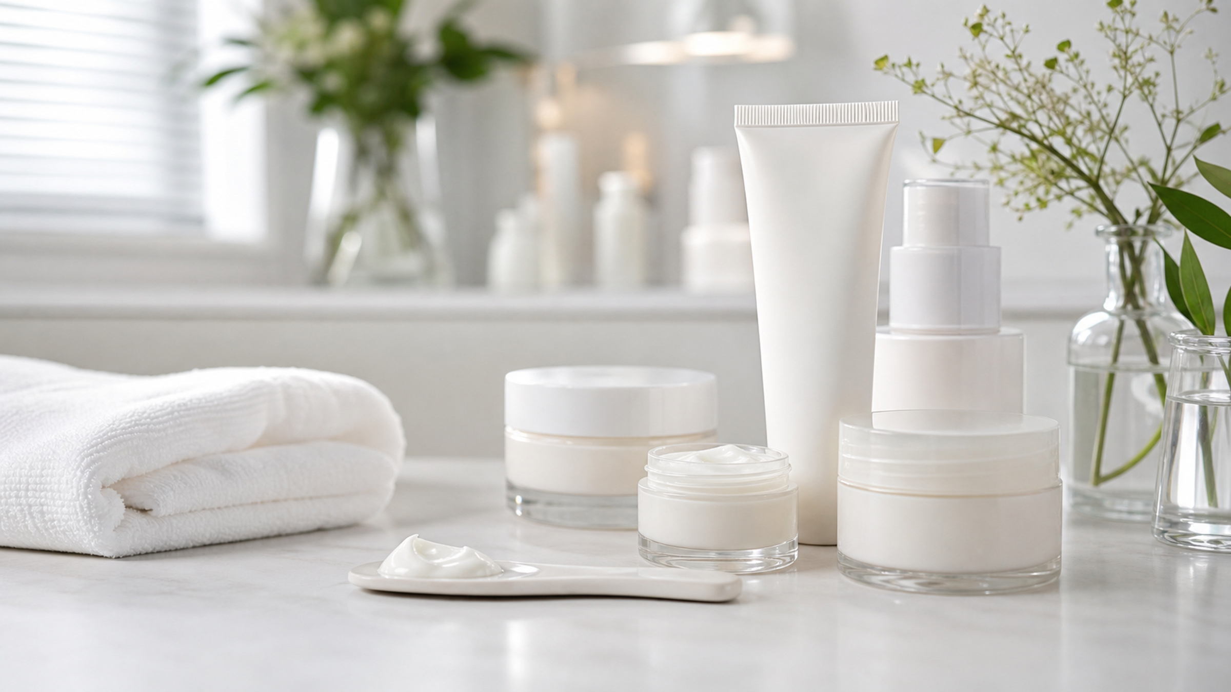Unbranded gentle moisturizer jars and tubes on a calm skincare counter.