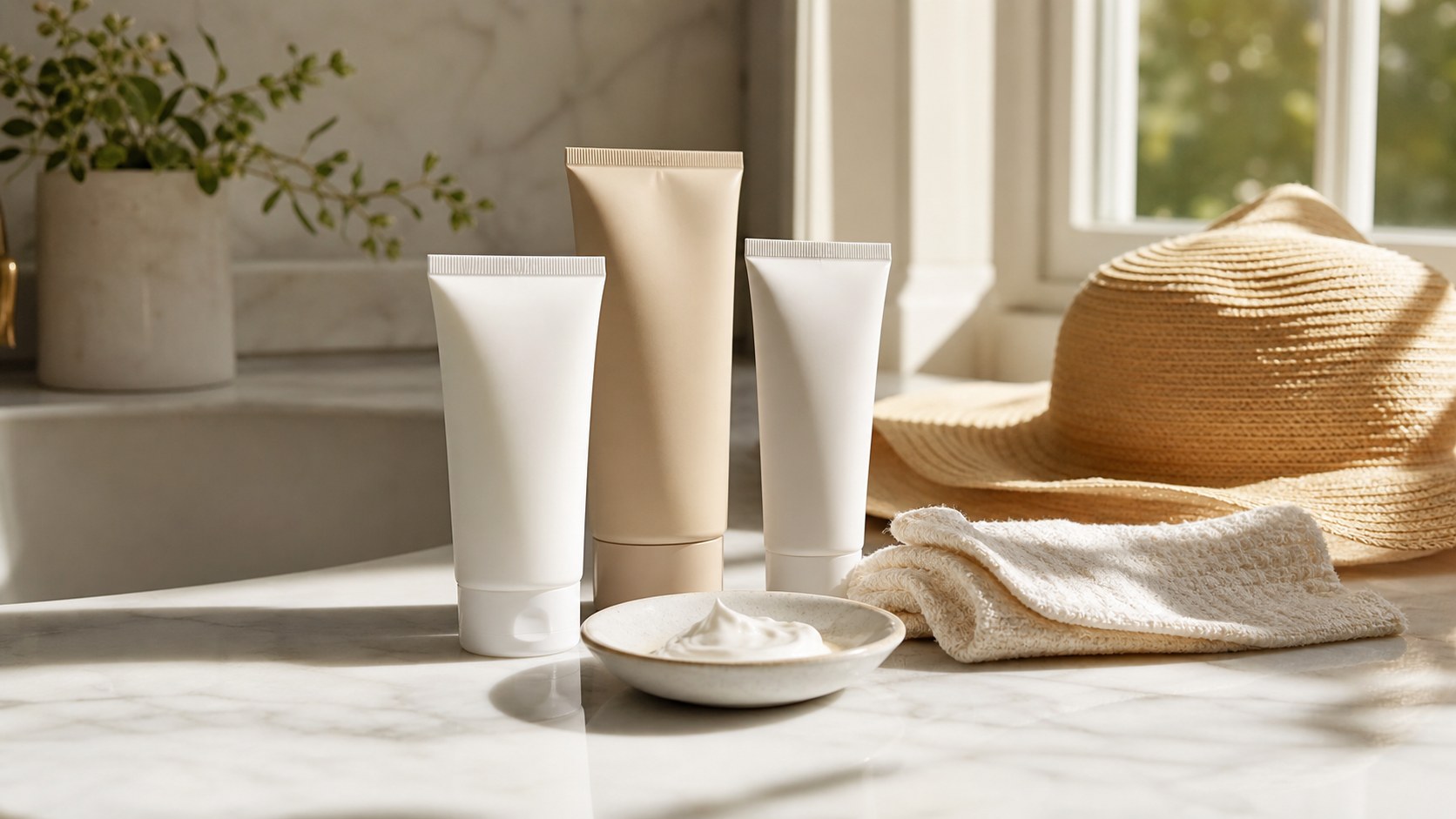 Unbranded sensitive skin sunscreen tubes on a sunlit counter with a hat and soft cotton cloth.