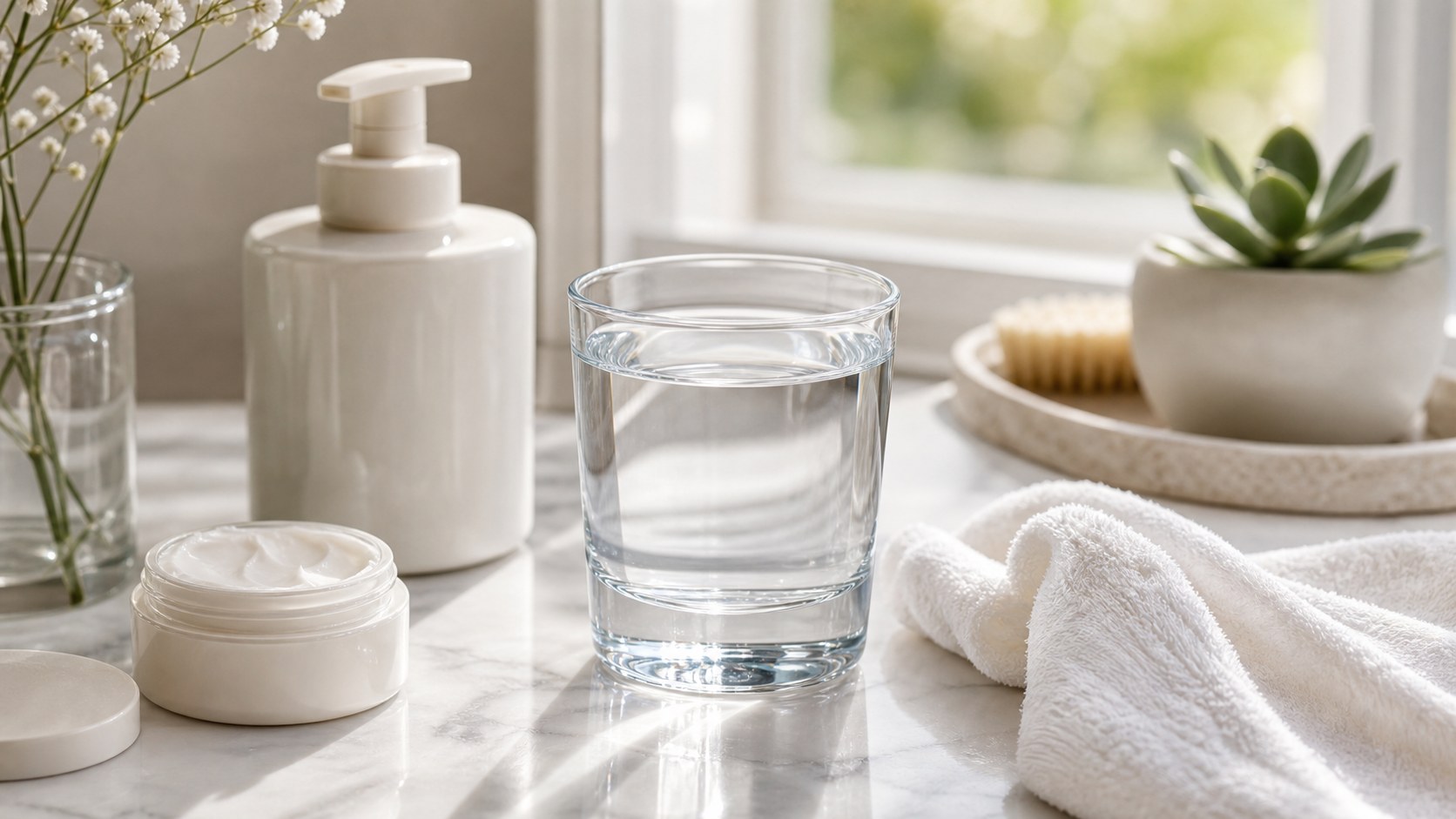 A clear glass of water beside unbranded skincare on a fresh bathroom counter.