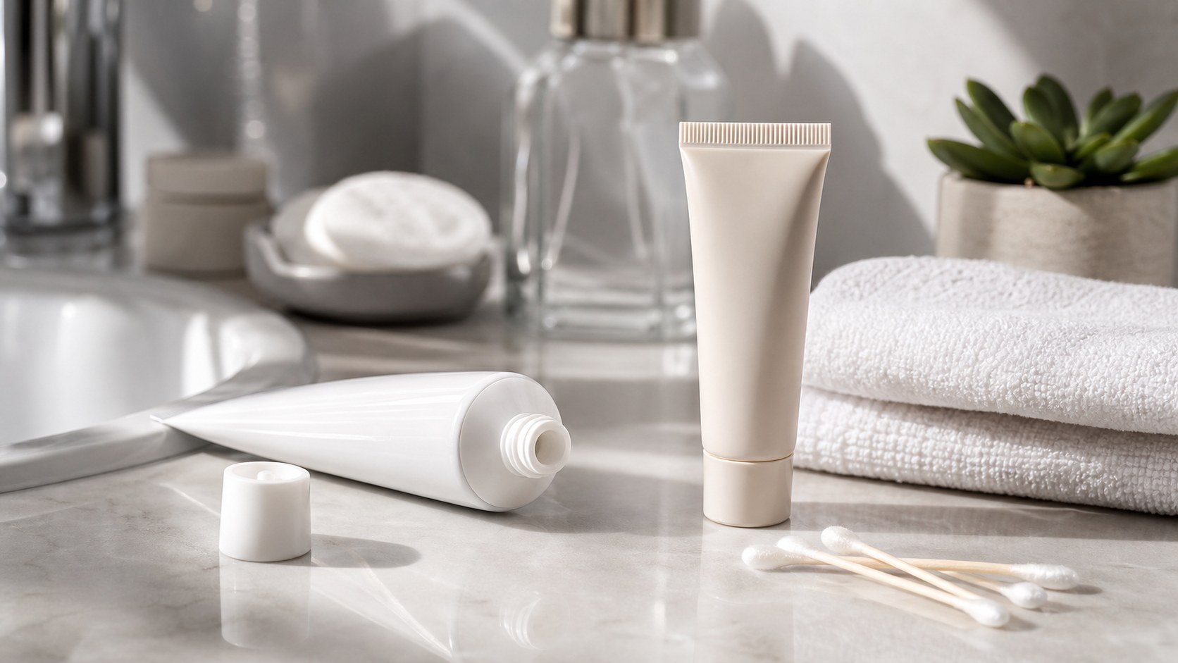 Plain toothpaste-like tube placed beside unbranded acne spot treatment and cotton swabs on a bathroom counter.