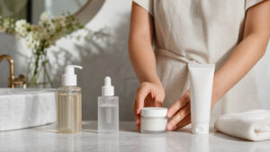 A gentle sensitive-skin routine lineup with cleanser, serum, moisturizer, and sunscreen.