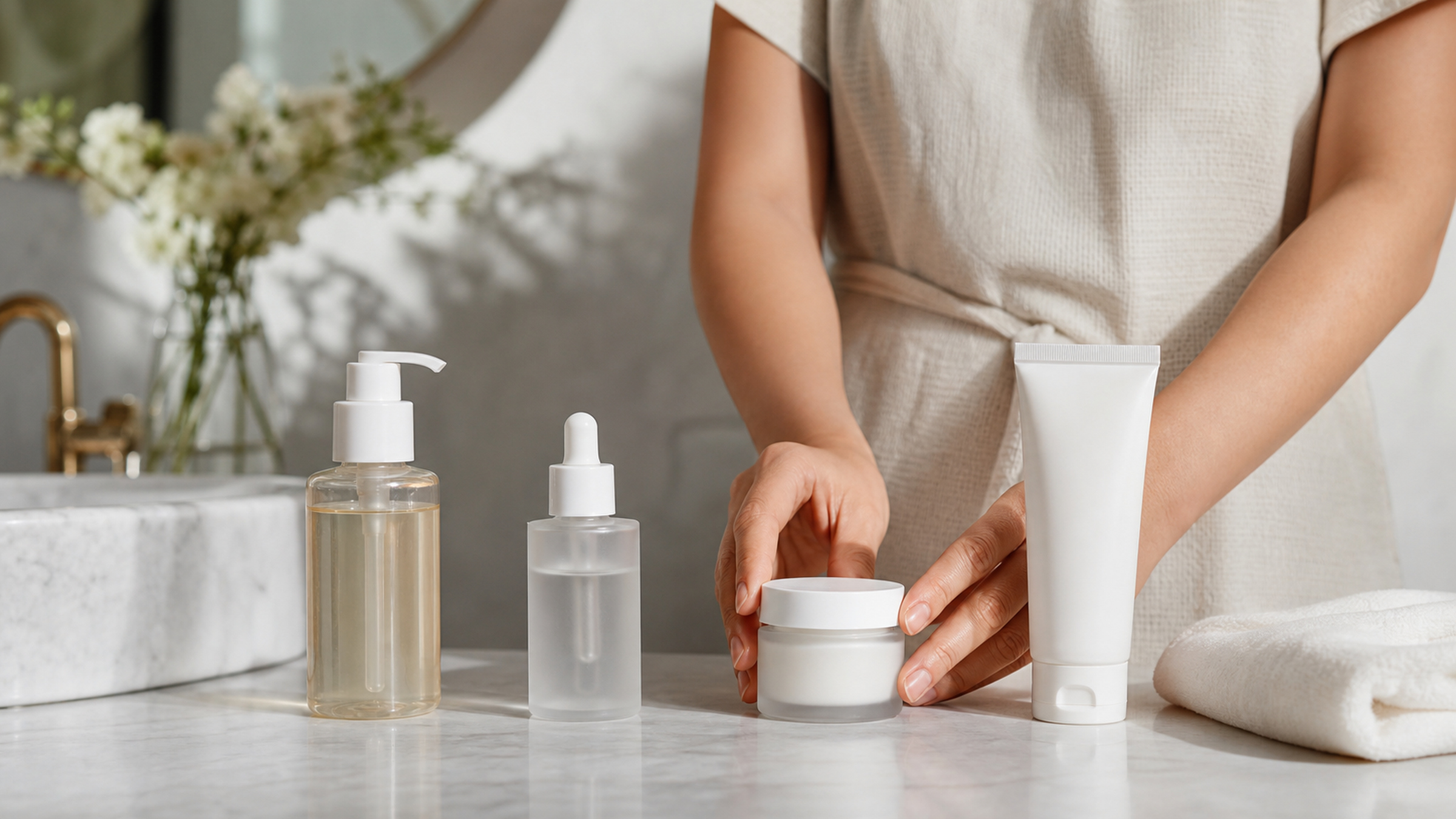 A gentle sensitive-skin routine lineup with cleanser, serum, moisturizer, and sunscreen.