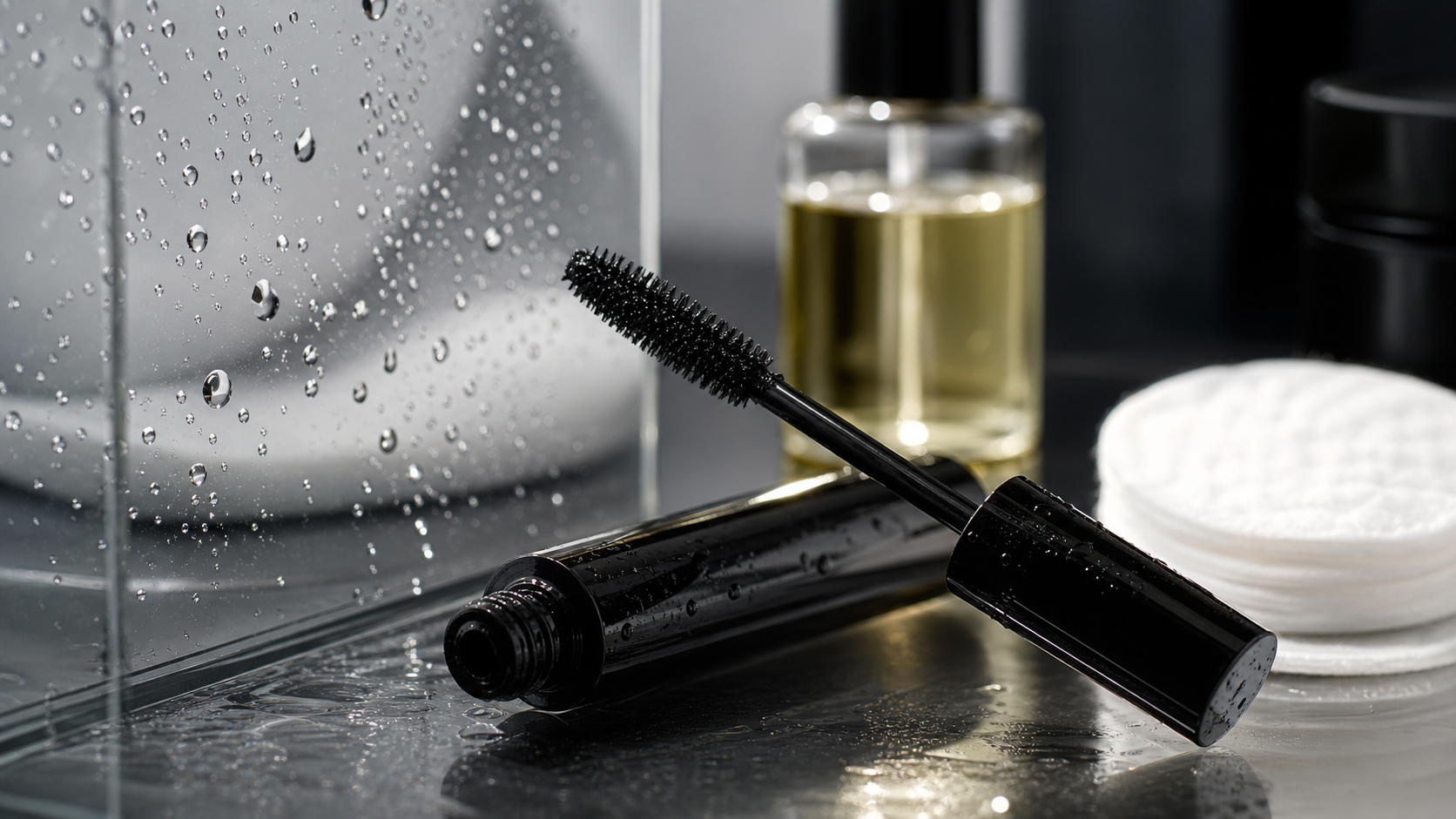 Editorial beauty still life for How Waterproof Mascara Actually Works.