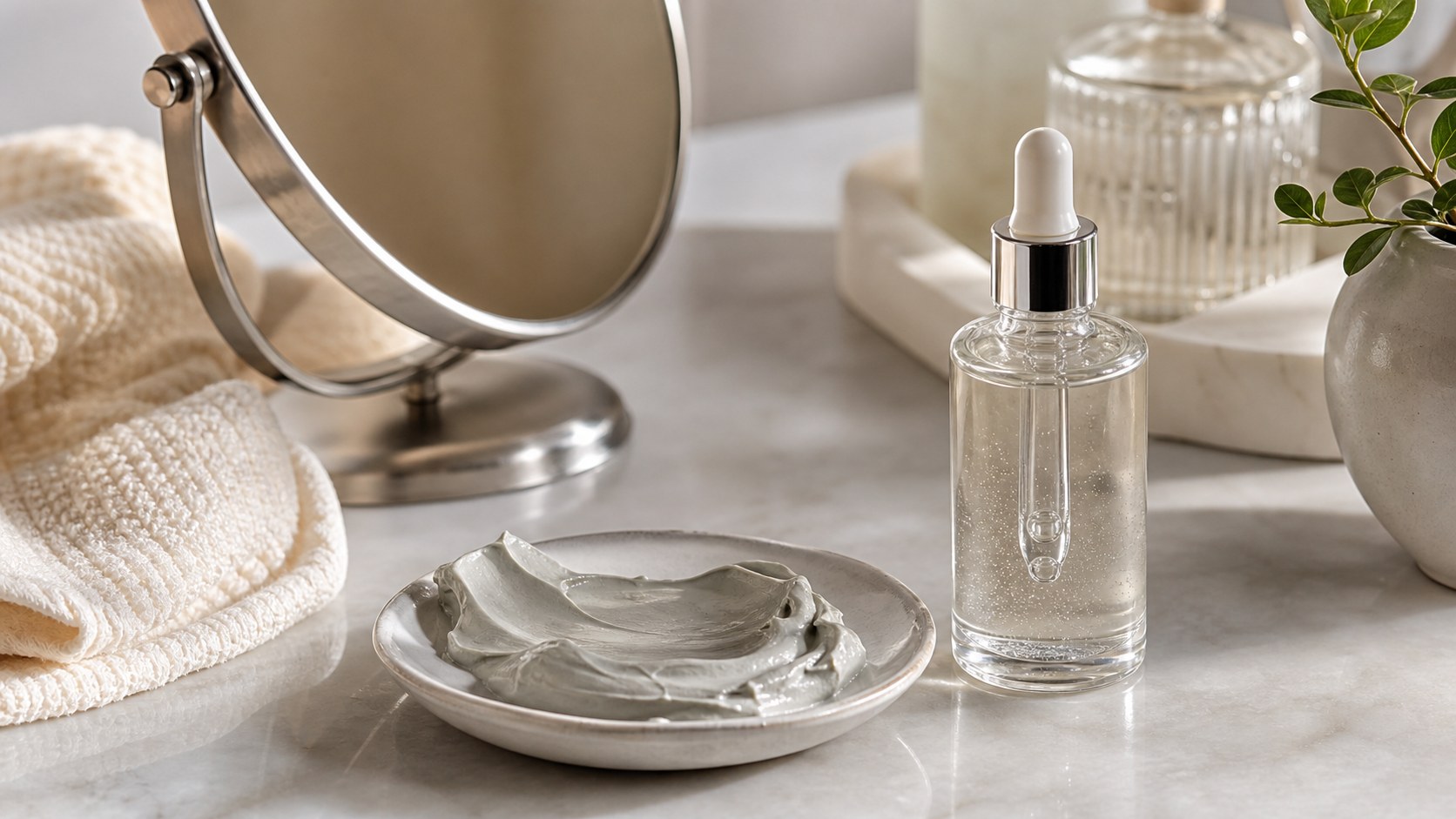 Unbranded serum, clay mask texture, soft towel, and turned-away magnifying mirror on a skincare counter.