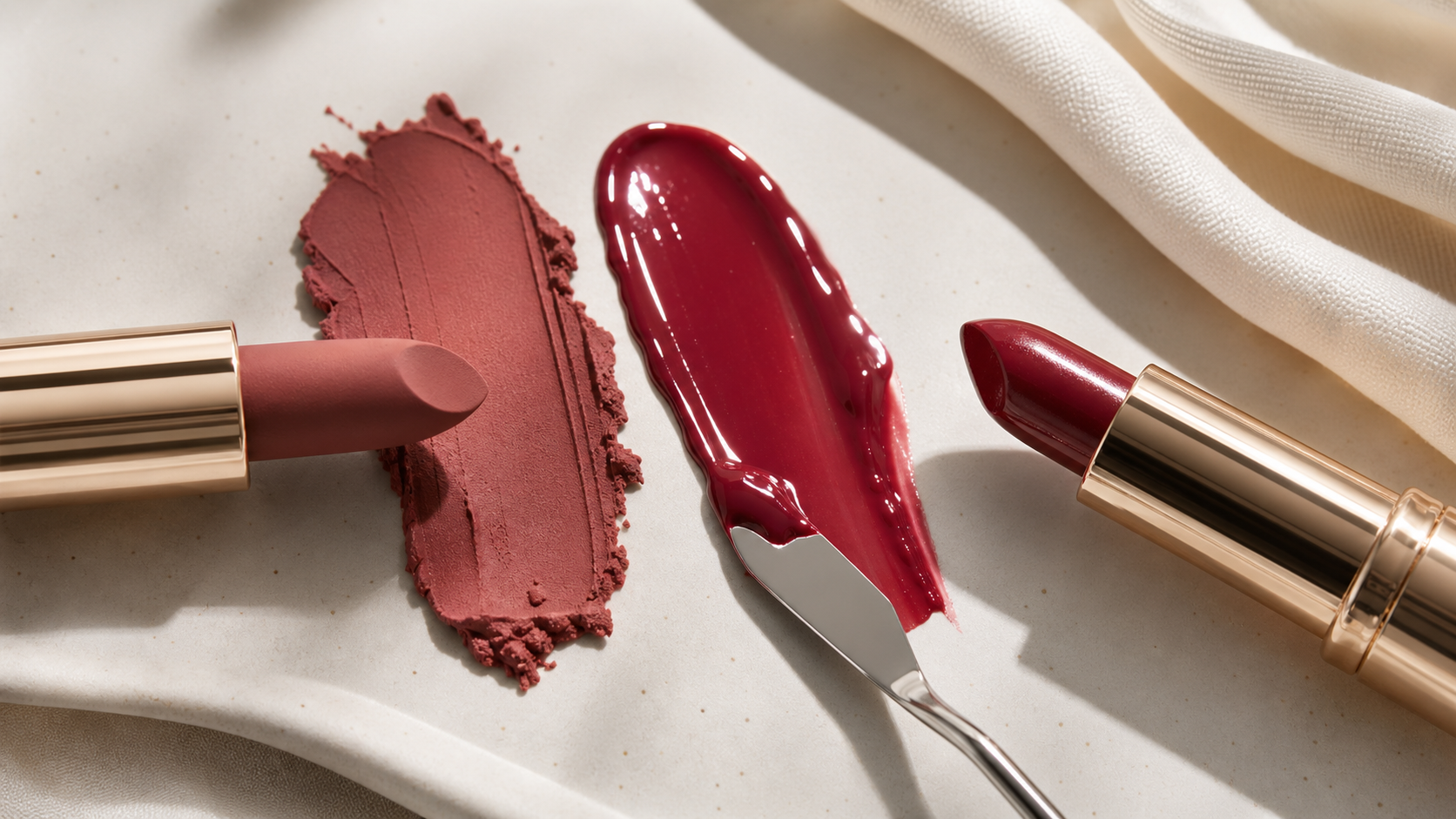 Editorial beauty still life for The Chemistry of Matte vs. Glossy Lipsticks.