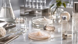 Unbranded serum vials, droppers, cream textures, and metallic cosmetic research tools on a refined lab table.