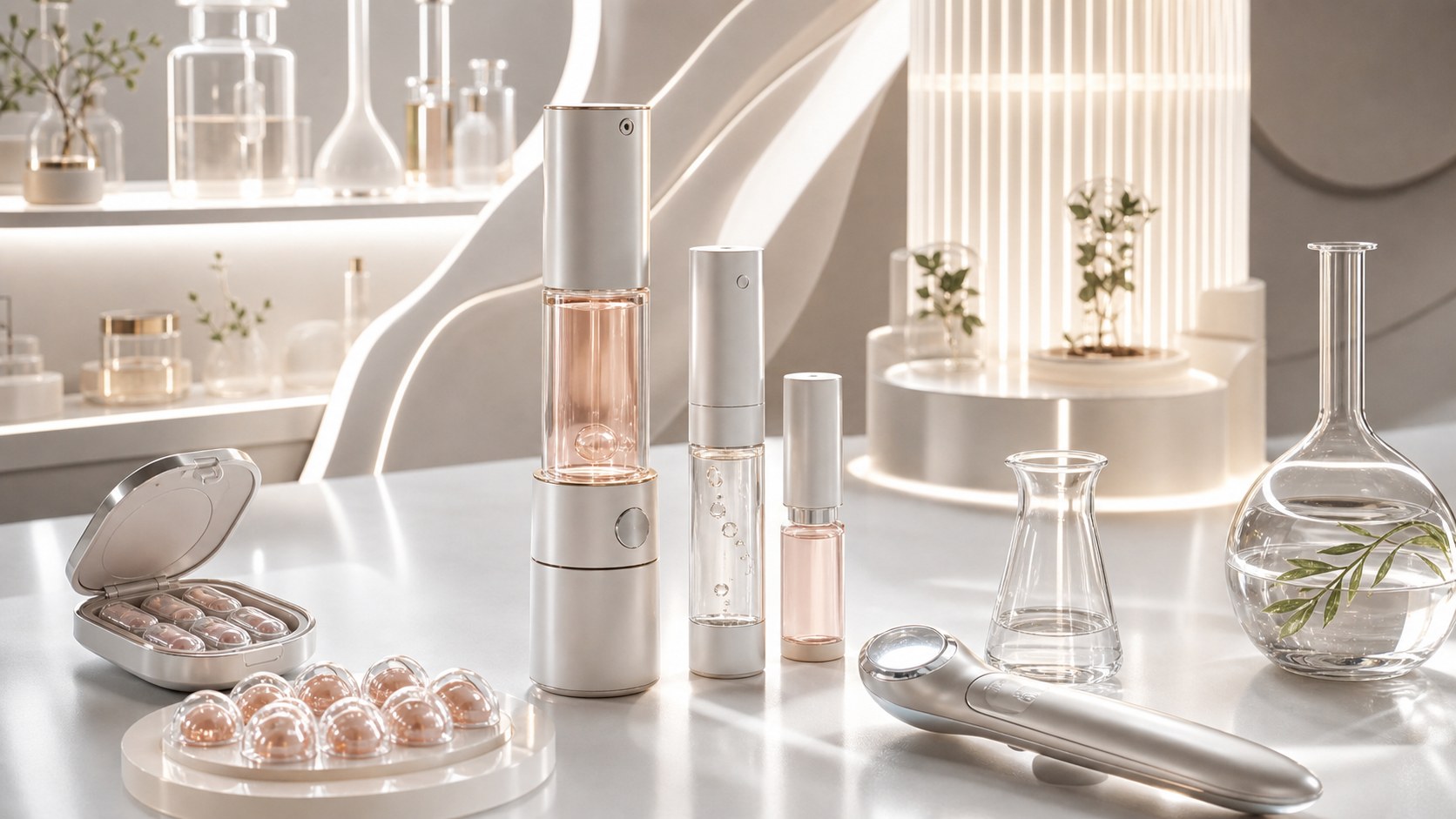 Futuristic unbranded serum capsules and glass vessels in a sleek skincare studio with sculptural lighting.