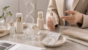 Premium beauty consultation table with unbranded skincare, sample swabs, and an abstract helix-inspired glass sculpture.