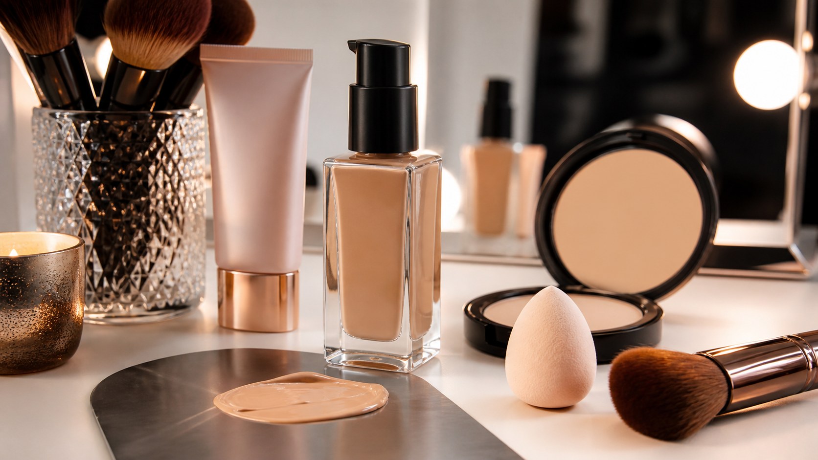 Unbranded foundation bottle, brush, sponge, compact, and texture swatch on an elegant makeup workstation.