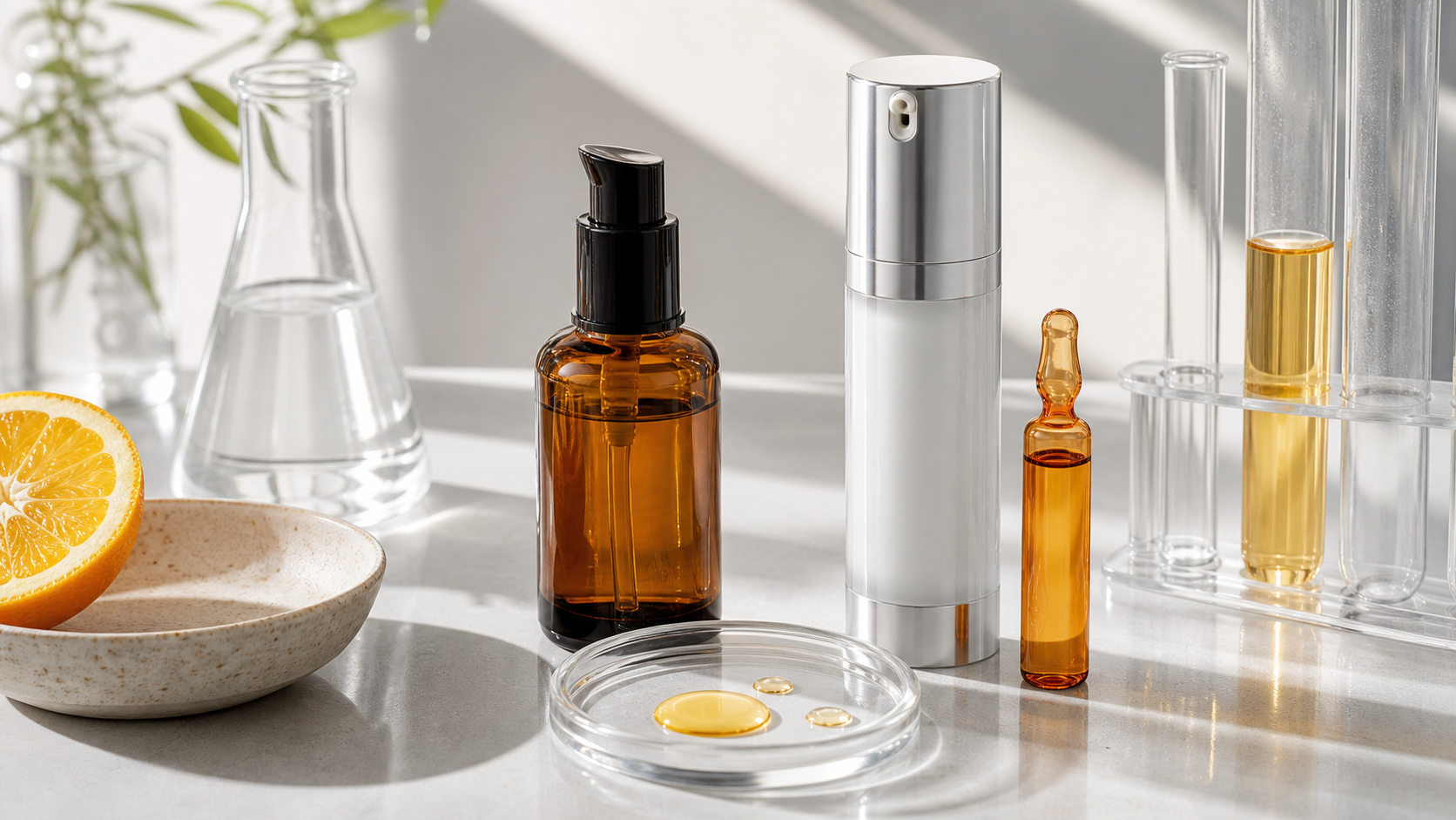 Editorial beauty still life for Vitamin C in Skincare: Stability, Absorption And Results.