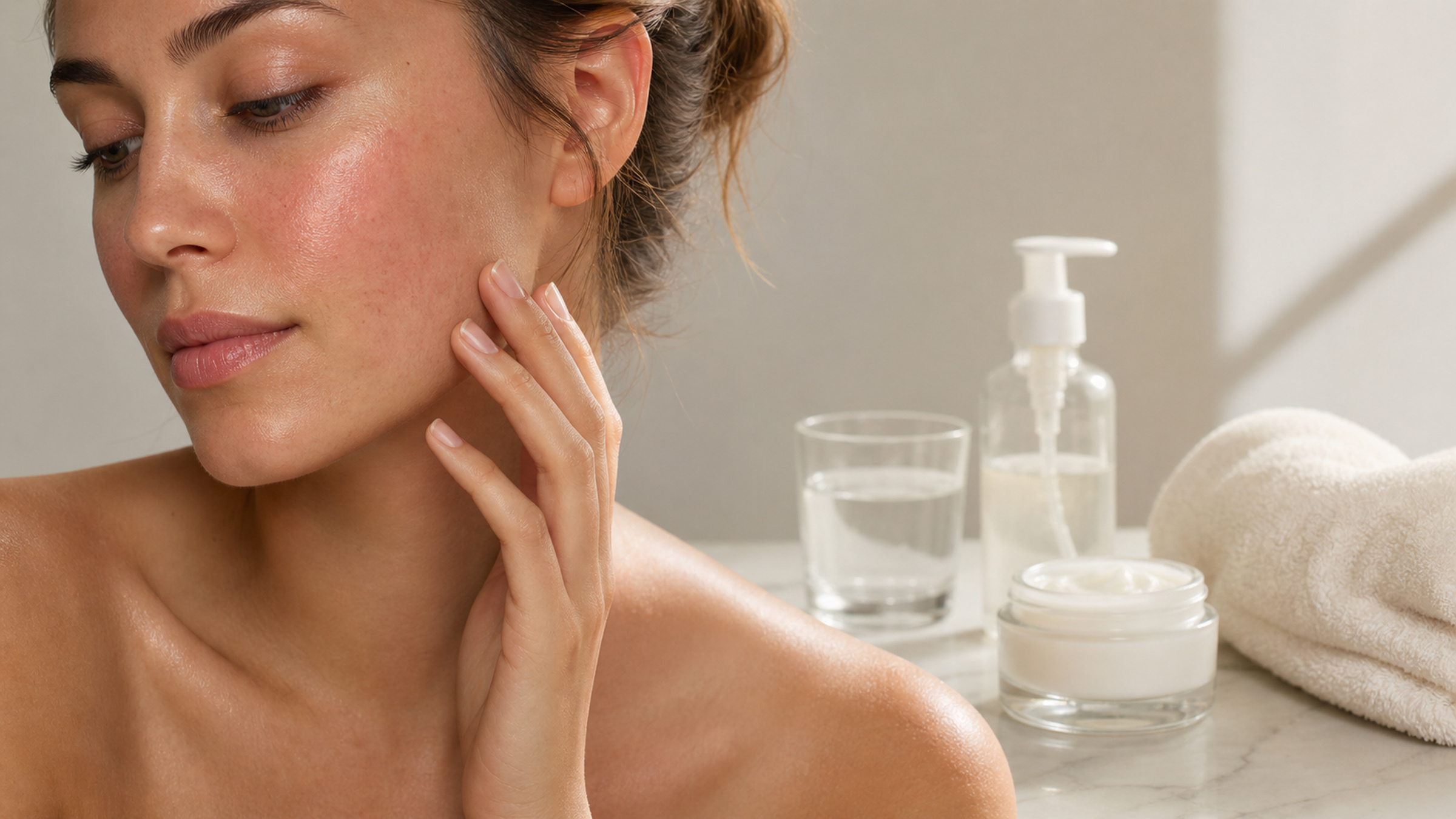 A calm skincare scene showing mild facial flushing and gentle unbranded products.