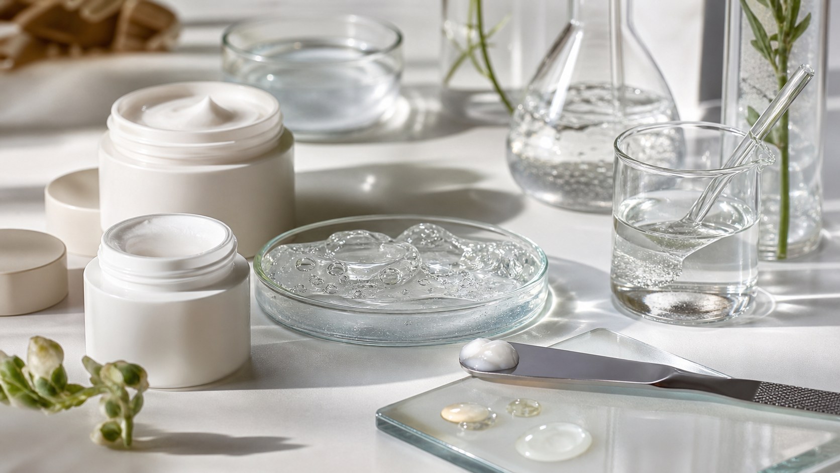 Cosmetic formulation bench with unbranded cream jars, beakers, droplets, and a clean laboratory-style surface.