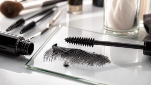 Unbranded mascara wand, spoolies, and black pigment texture arranged on a polished beauty vanity.