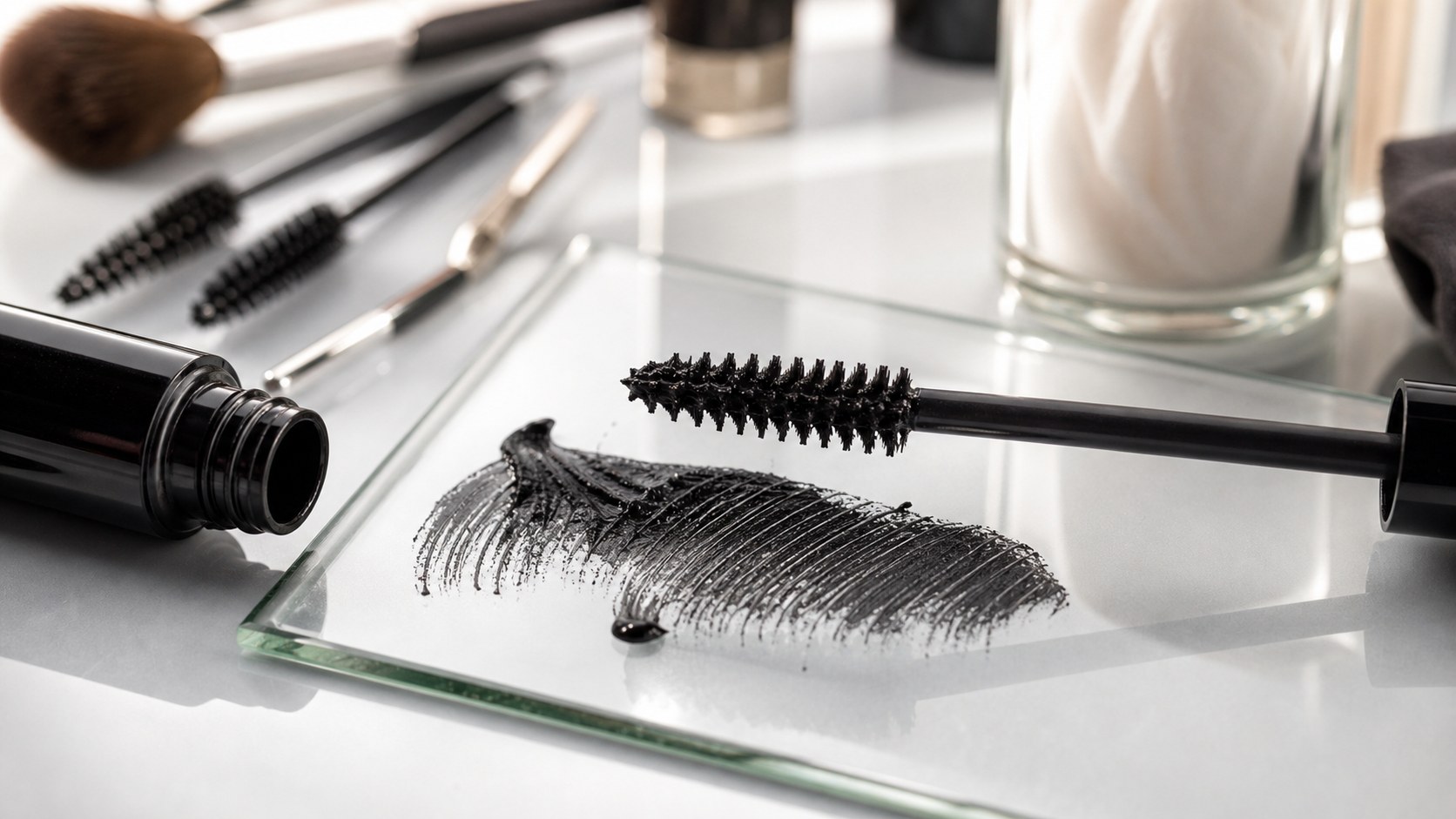 Unbranded mascara wand, spoolies, and black pigment texture arranged on a polished beauty vanity.