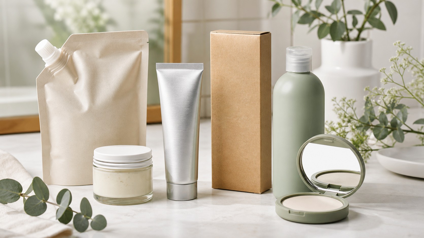 Unbranded sustainable beauty packaging options including a refill pouch, glass jar, aluminum tube, paperboard carton, recycled bottle, and reusable compact on a bright counter