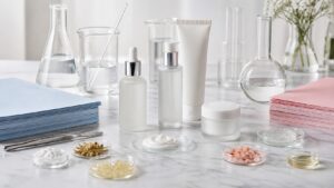 Unbranded skincare bottles and lab glassware arranged beside color-coded regulatory folders.