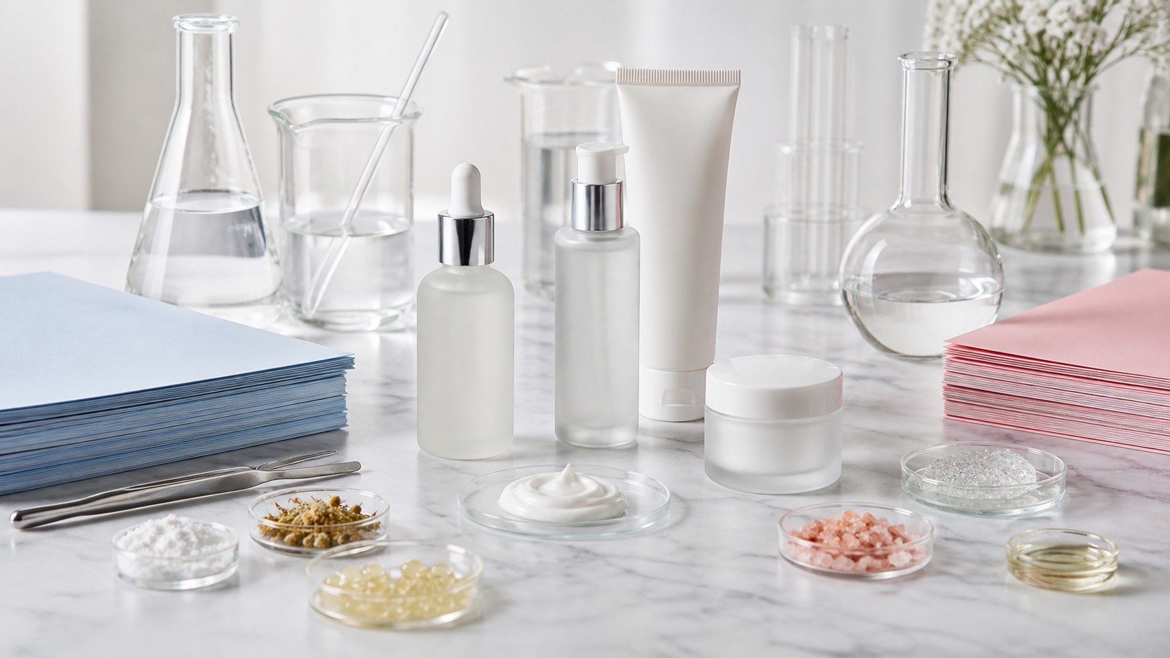 Unbranded skincare bottles and lab glassware arranged beside color-coded regulatory folders.