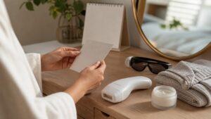 At-home hair removal device, protective glasses, blank card, moisturizer, and folded robe on a bedroom vanity