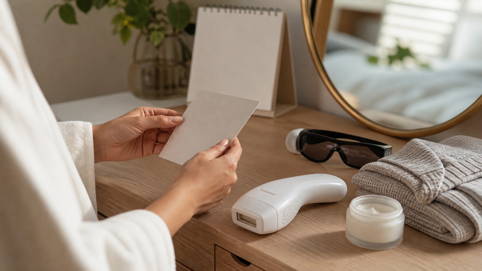 At-home hair removal device, protective glasses, blank card, moisturizer, and folded robe on a bedroom vanity