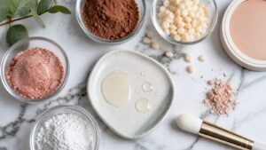 Mineral pigments, plant wax beads, clear oil drops, powder, compact, and brush on a clean marble beauty flat lay