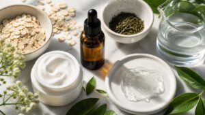 Amber dropper bottle, cream jar, oats, green tea leaves, clear gel texture, and glass beaker on a bright ingredient flat lay