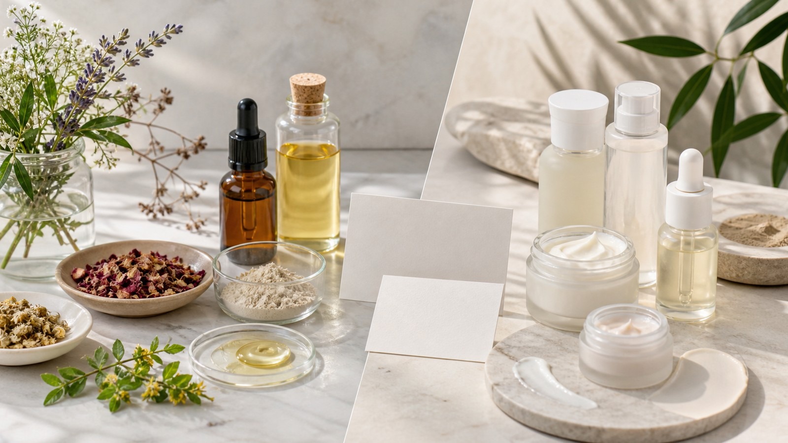 Natural botanicals, oils, powders, blank cards, and unbranded clean beauty jars arranged in a side-by-side comparison on marble