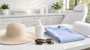 Unbranded sunscreen pump, folded pale blue protective shirt, straw hat, sunglasses, and towel in a bright skincare room