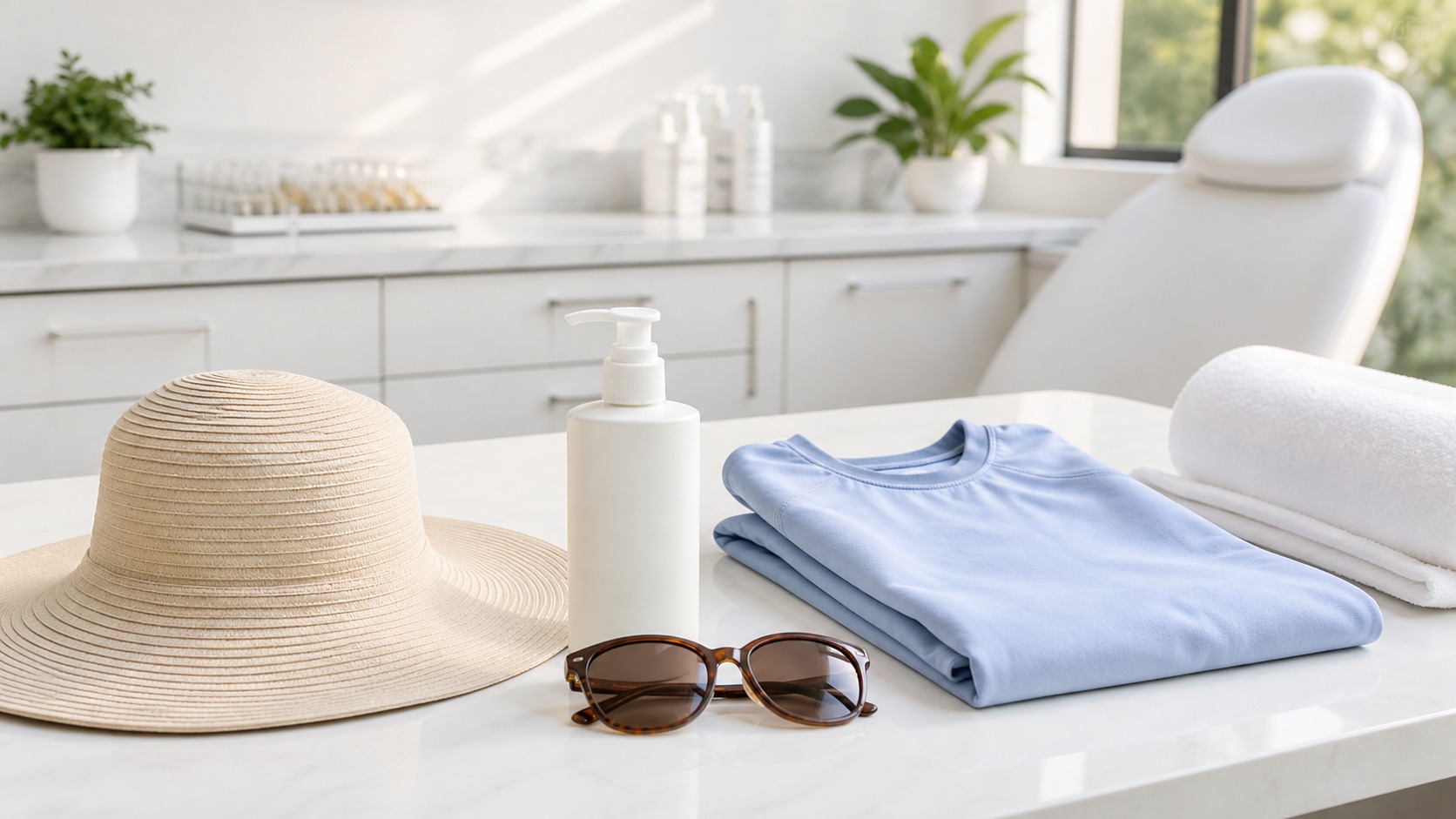 Unbranded sunscreen pump, folded pale blue protective shirt, straw hat, sunglasses, and towel in a bright skincare room