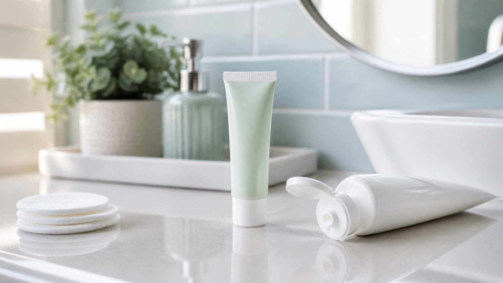 Unbranded toothpaste and acne spot treatment tubes on a clean bathroom vanity.