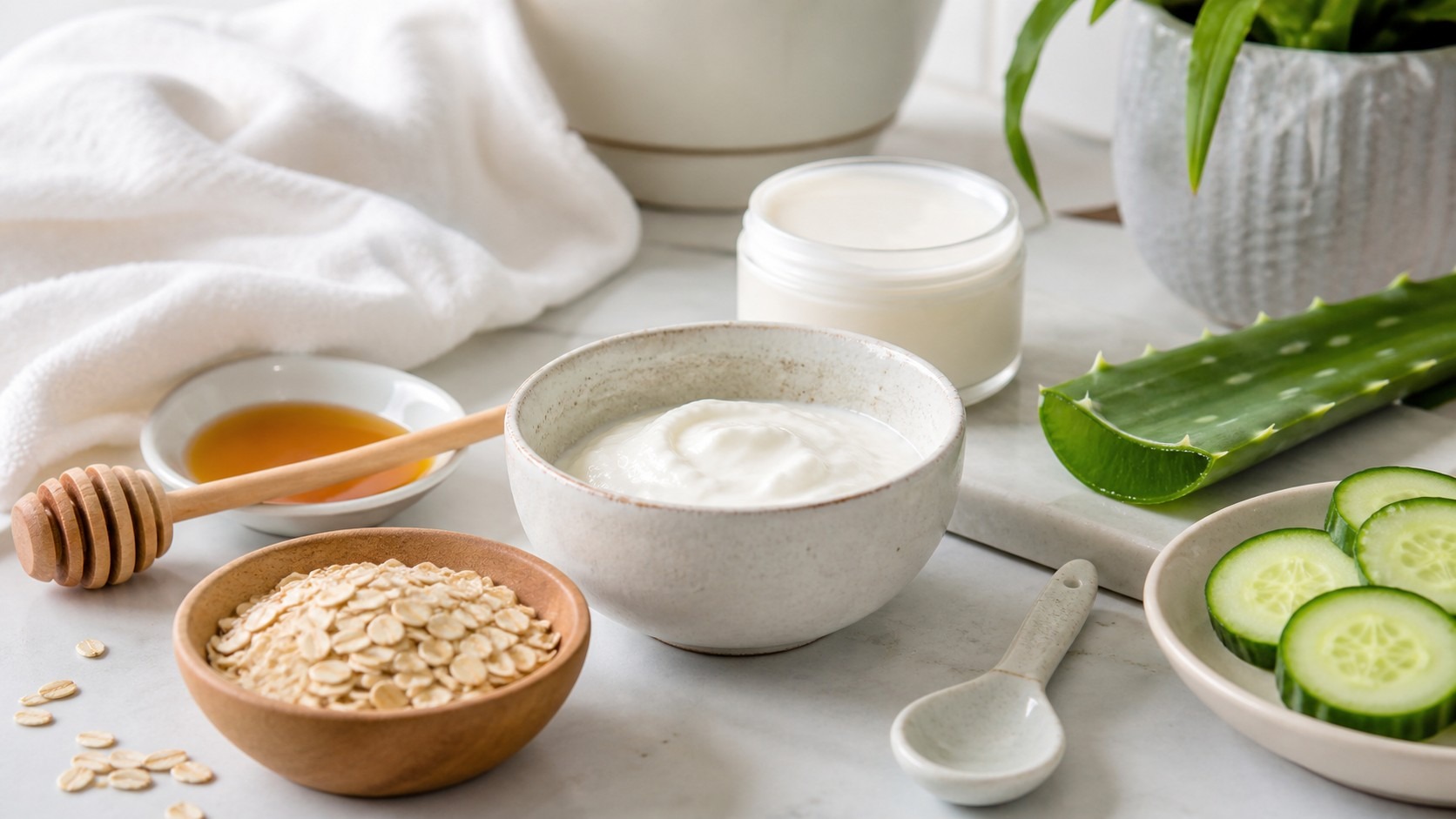 Oats, honey, cucumber, aloe, creamy mask base, ceramic spoon, towel, and unbranded moisturizer on a bright home counter