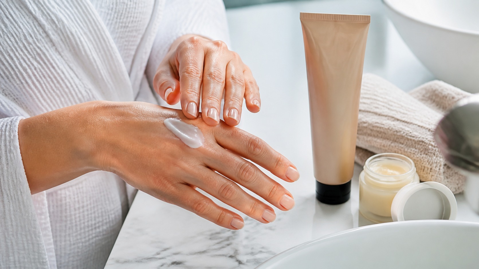 Adult hands applying rich unbranded hand cream beside a balm jar and towel on a bright bathroom counter