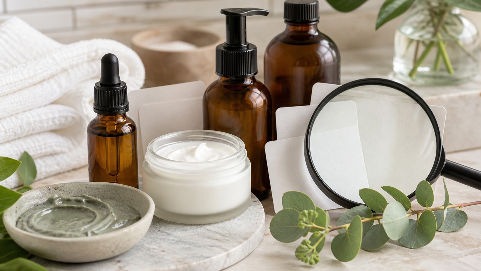 Amber skincare bottles, cream jar, clay mask bowl, blank cards, magnifying glass, towel, and green leaves on a pale bathroom counter