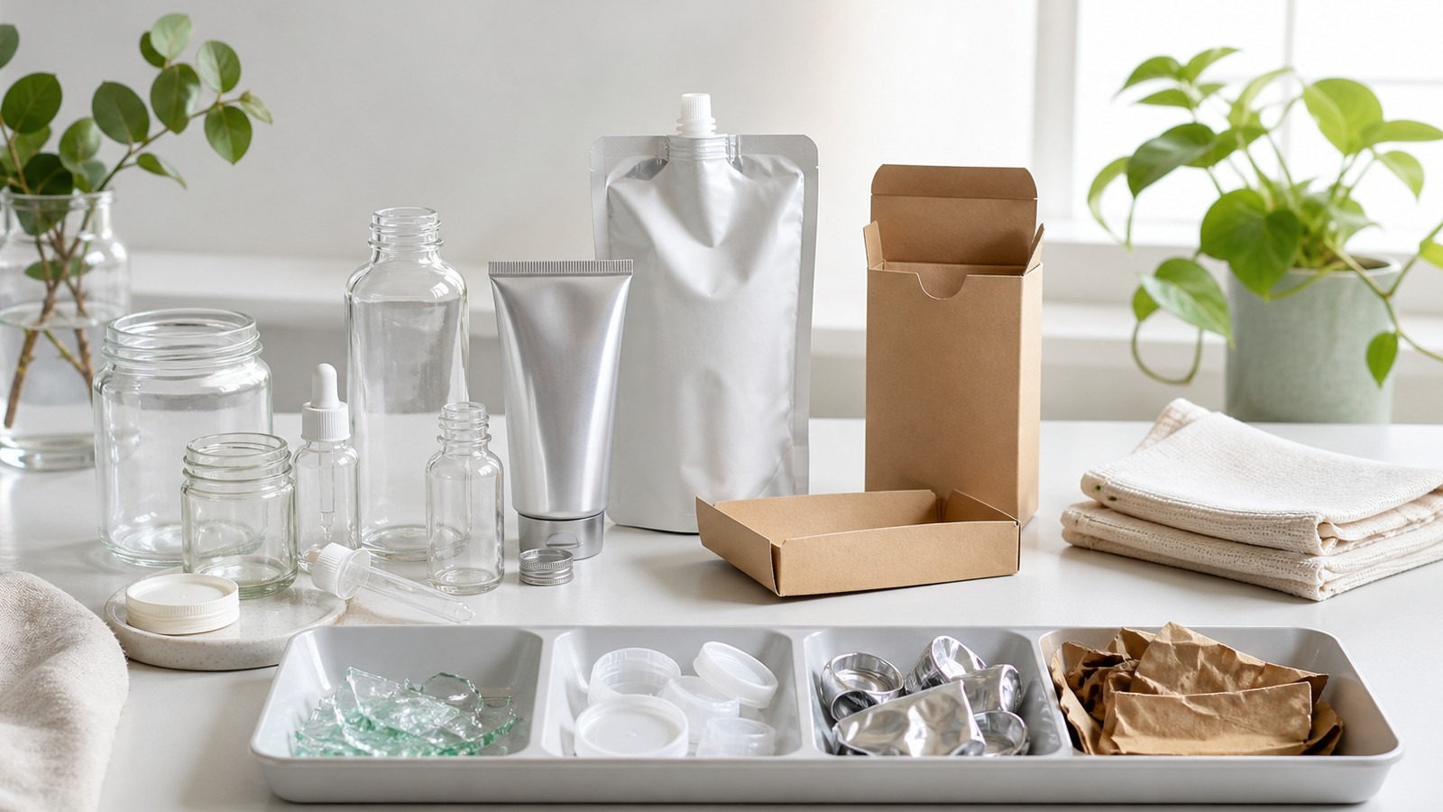 Unbranded beauty containers sorted into glass, aluminum, paperboard, and refill components on a bright studio table