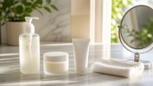 Unbranded cleanser, moisturizer, sunscreen, mirror, and washcloth arranged as a simple clean skincare routine