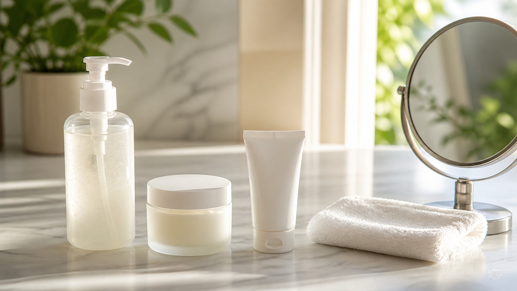 Unbranded cleanser, moisturizer, sunscreen, mirror, and washcloth arranged as a simple clean skincare routine