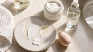 Unbranded skincare textures, moisturizer jar, face mist bottle, towel, and makeup sponge on a sunny vanity