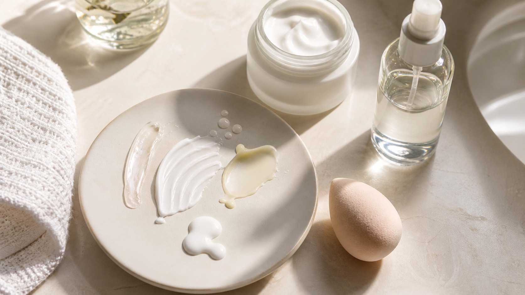 Unbranded skincare textures, moisturizer jar, face mist bottle, towel, and makeup sponge on a sunny vanity