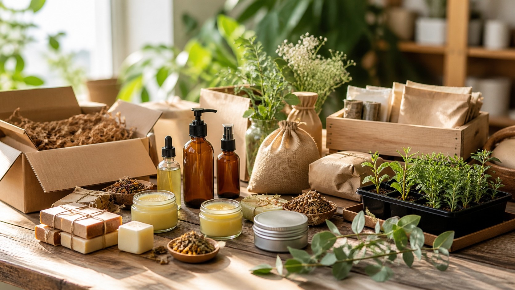 Unbranded natural beauty products, refill supplies, seedlings, dried botanicals, and recycled shipping materials on a warm worktable
