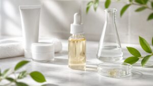 Unbranded niacinamide-style serum, skincare tube, cream jar, glass beaker, and green leaves on a bright marble vanity