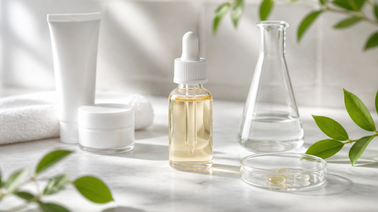 Unbranded niacinamide-style serum, skincare tube, cream jar, glass beaker, and green leaves on a bright marble vanity