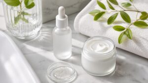 Unbranded niacinamide-style serum and moisturizer on a bright skincare vanity.