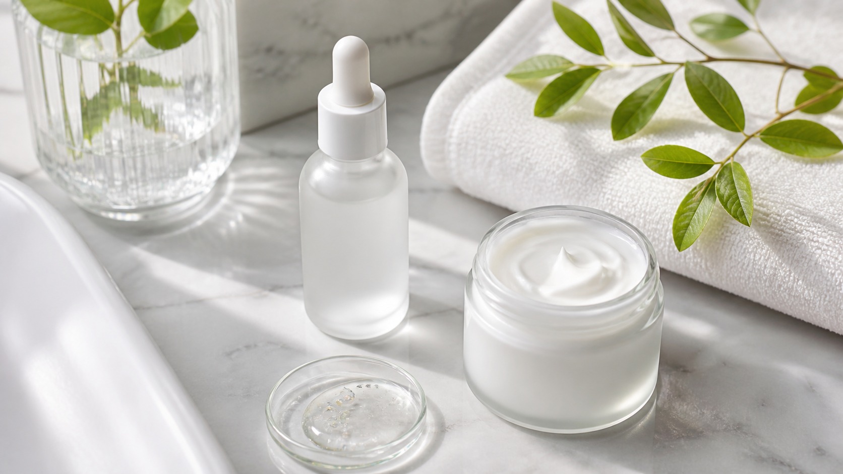Unbranded niacinamide-style serum and moisturizer on a bright skincare vanity.