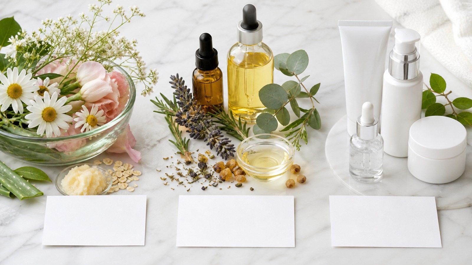 Three unbranded beauty product groups arranged as organic botanicals, natural oils, and clean lab-style skincare on a bright counter