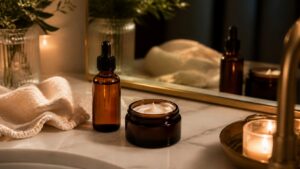 Amber retinol-style serum and night cream on a warm evening skincare vanity.