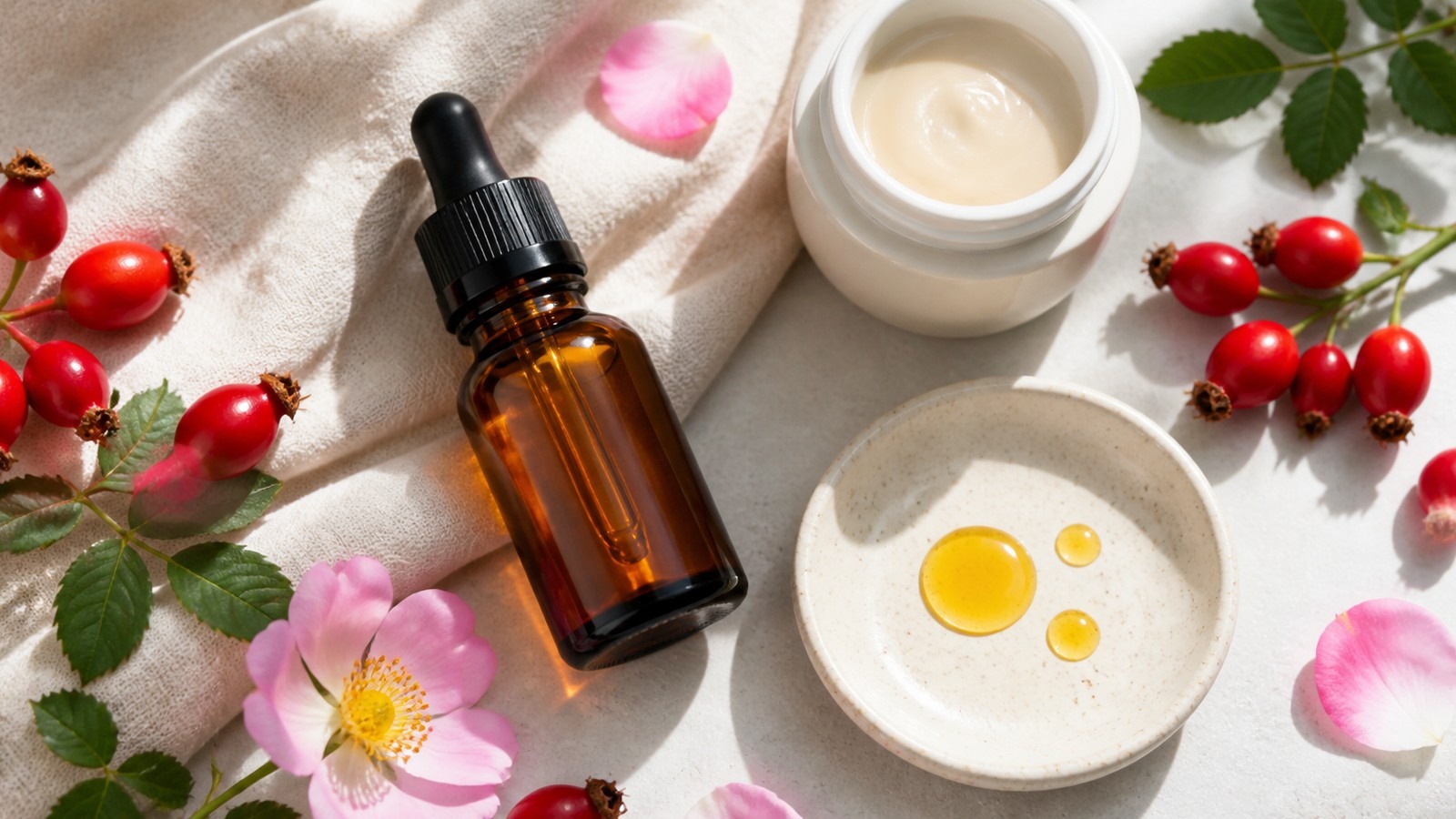 Unbranded amber rosehip oil bottle, rosehip berries, petals, cream jar, and golden oil drops on a bright skincare flat lay