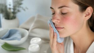 Person gently pressing a cool cloth to a mildly red cheek beside calming skincare on a vanity